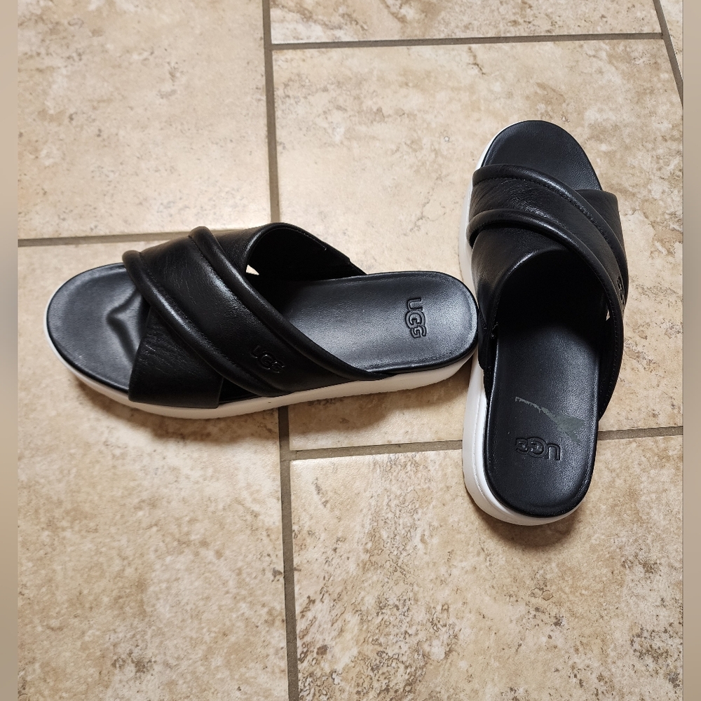 UGG Black Leather Slide Sandals